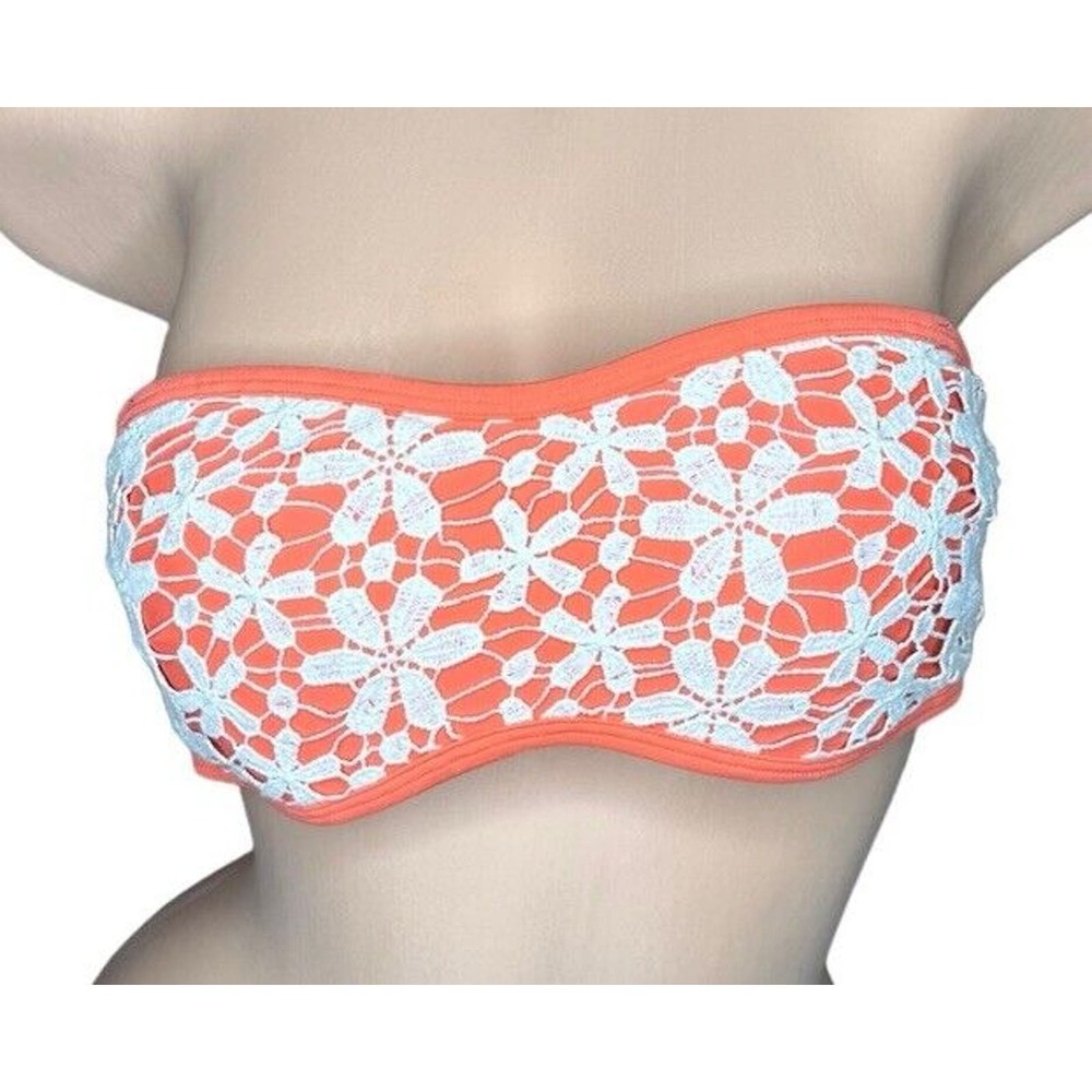 Aerie Coral Orange Floral Crochet Bandeau Strapless Swim Bikini Top Size Small